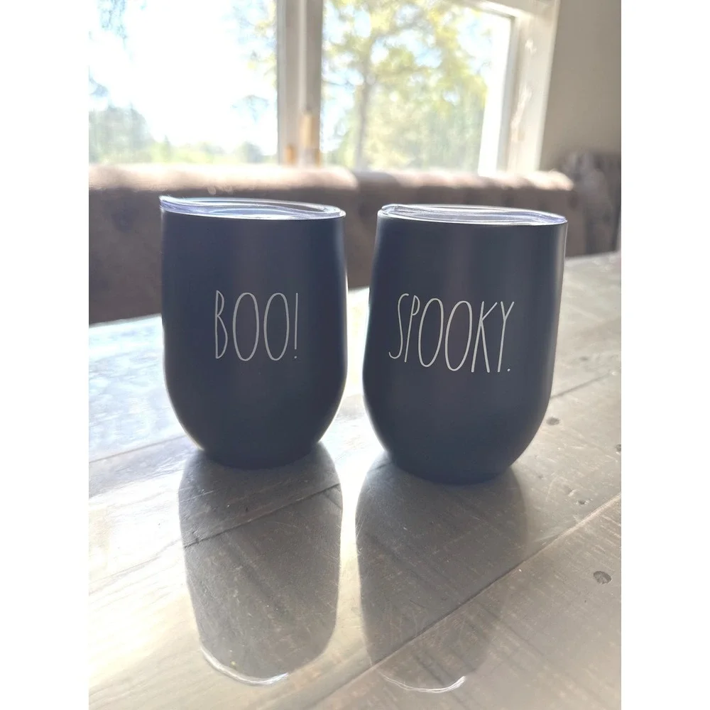 Rae Dunn Halloween Boo Spooky‎ Matte Black Insulated Wine Tumbler Set of 2 Lids